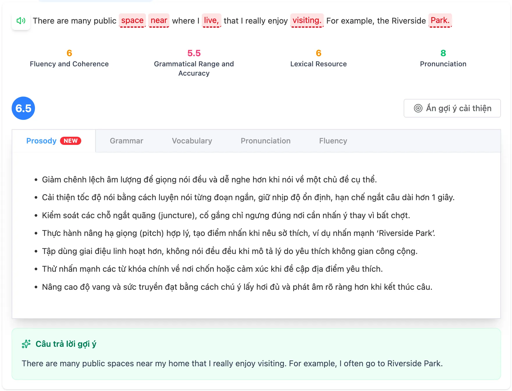 Giao diện tab Prosody trong phần gợi ý cải thiện của LingoLab